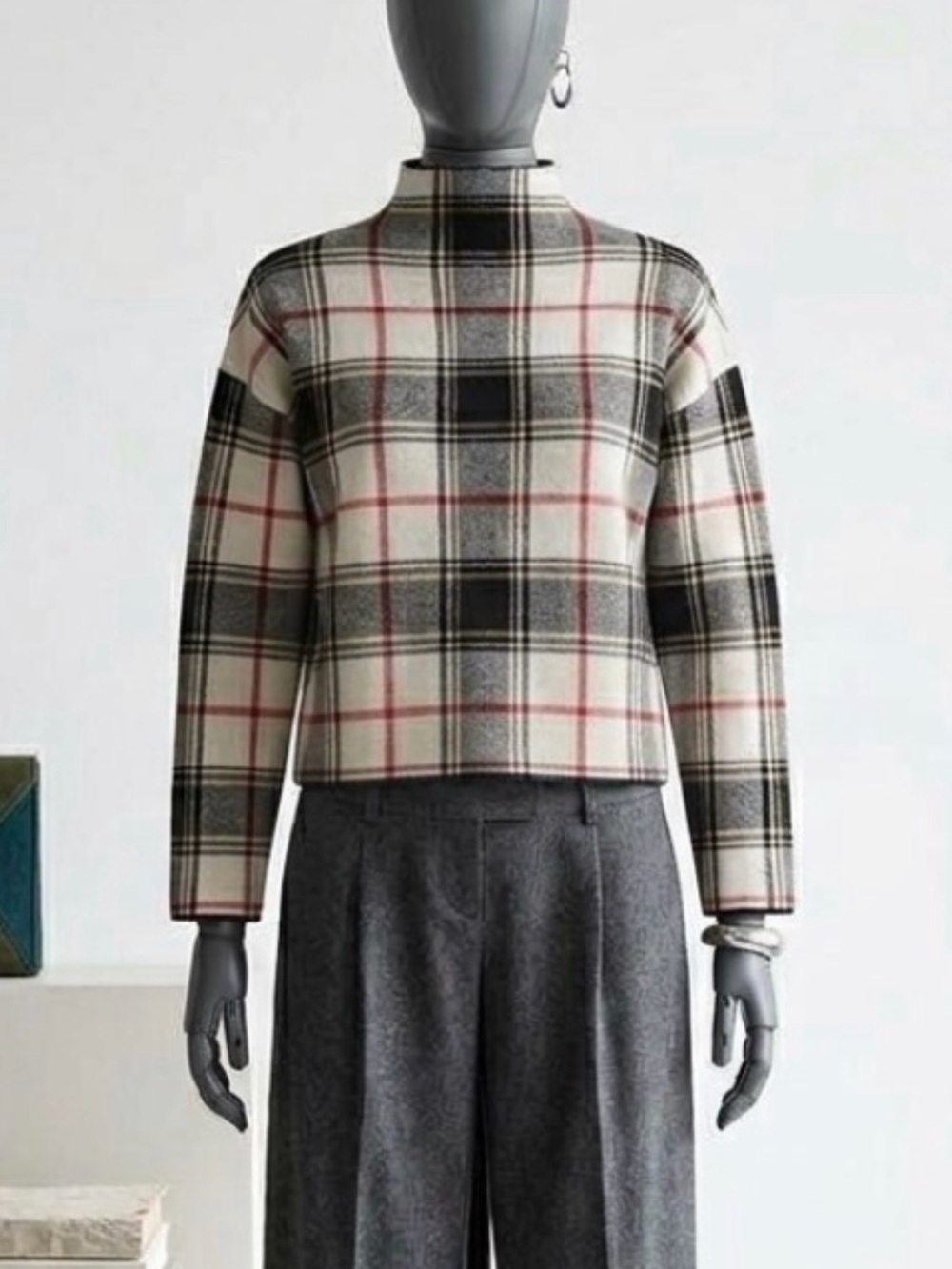Tahari Cream Plaid Mock Neck Sweater with Black and Red Checks